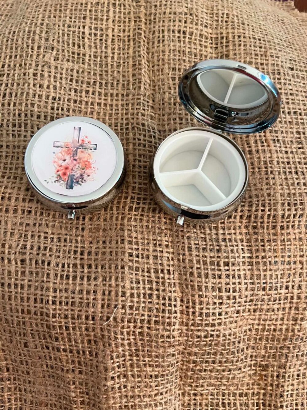 Floral Cross Themed Three Compartment Pill Box